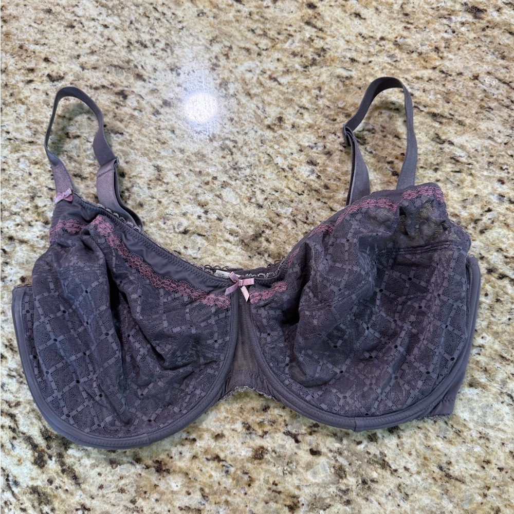 Glamorise Wonderwire Sheer Sexy Purple Full Lace Underwire Bra No Padding 38H 5D